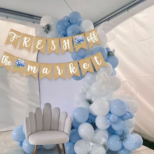 Image of Fresh Off The Market Bridal Shower Banner Farmer's Floral Bachelorette Party Supplies Blue Hydrangea Burlap Garland