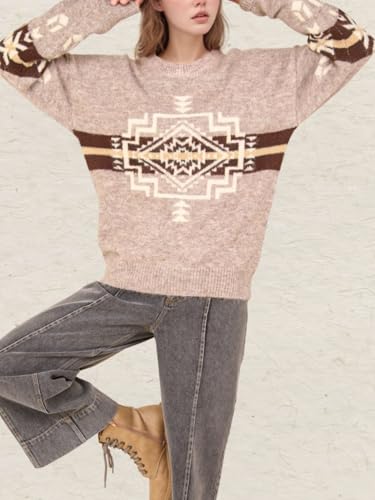 Womens Loose Fit Argyle Graphic Aztec Western Sweater Long Sleeve Crewneck Pullover Tops4