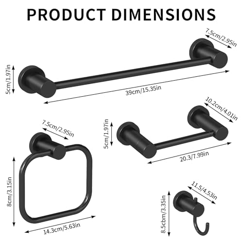STWWO 4-Pieces Bathroom Hardware Set Black, Stainless Steel 16 Inch Towel Bar Set, Towel R - image 6