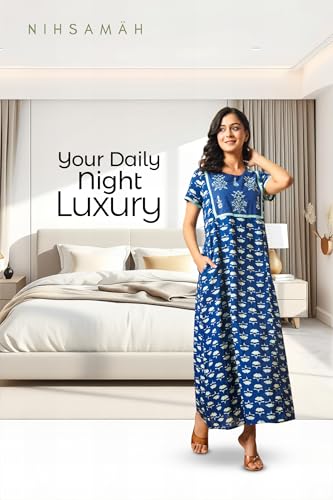 Image of NIHSAMAH Cotton Nighty for Women - Printed Stylish Night Gown, Comfortable Sleepwear Long Nightwear, Maxi