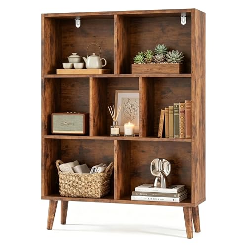 Image of HealSmart 7 Cube Storage Organizer, 3 Tier Bookshelf with Legs, Free Standing Cube Bookcase for Living Room, Bedroom, Office, Brown