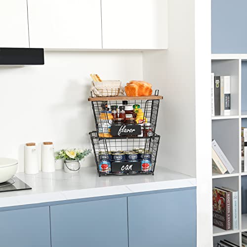 2 Stackable Wire Storage Baskets With Wood Lid And Chalkboards - Kitchen Countertop Organizer For Fruit Vegetable（Onion, Potato) Food Produce - Metal Bin For Pantry Organization And Storage, Black #TOP4