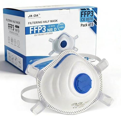 FFP3 Dust Masks for Fine Dust 99% FFP3 Mask 5 Pack Disposable Face Masks for Cleaning Mould -Valved EN 149 Respirator Adjustable Clip & Straps Lightweight PPE - Construction Sanding & Industries