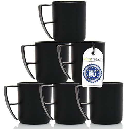 idea-station Plastik Camping Tassen Set 6 x 350 ml - schwarz matt - bruchsichere Kaffeetassen aus Kunststoff - ideale Plastiktassen mit Henkel für unterwegs