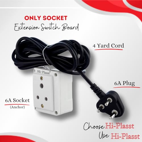 Image of Hi-Plasst Single Socket Extension Board with 4-Yard Long Wire, 6A 3-Pin Top Plug & 3-Pin Multiplug for Diwali Lights, Balcony Decor, Festive Lighting (Only Socket, White)