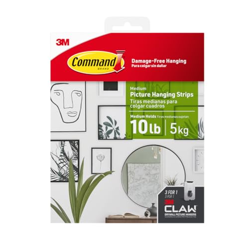 Command and 3M Claw Picture Hanging Kit 10 lb Medium Picture Hanging Strips 8 Pairs (16 Strips) and 45 25 & 15 lb 3M Claw Picture Hangers Hanging Picture Frames for Back to School Decorations