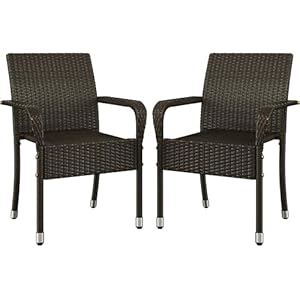 Yaheetech Set of 2 Stackable Outdoor Rattan Dining Chairs, All-Weather Armchair w/Armrests, Steel Frame for Garden, Patio, Deck, Yard, Poolside, Brown