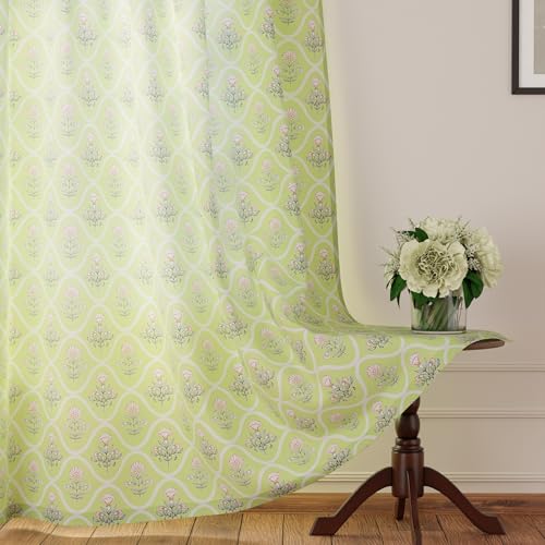 Image of Encasa XO Door Printed Sheer Curtains, Light Filtering Pea Green | 4.5ft to 10 ft | Lightweight Polyester Twill | Rod Pocket Styling | Machine Washable | Set of 2