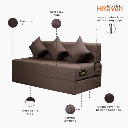 Image of Seventh Heaven Rejioce 4 Seater 6 * 6 Jute Fabric Washable Cover Sofa Cum Bed with 3 Cushions 4 Seater Double Foam Fold Out Sofa Cum Bed (Finish Color - Brown Delivery Condition - Pre-Assembled)