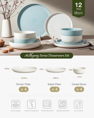 Image of Famiware Milkyway Plates and Bowls Sets, 12 Pieces Dinnerware Sets, Reactive Glaze Dish Set, Stoneware Dishes Set for 4, Matte Beige White & Light Blue