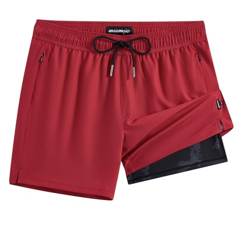 maamgic 5inch Mens Swimming Trunks with Compression Liner 2-in-1 Swim Trunks Stretch Quick Dry Swim Shorts Zipper Pockets True Red Large