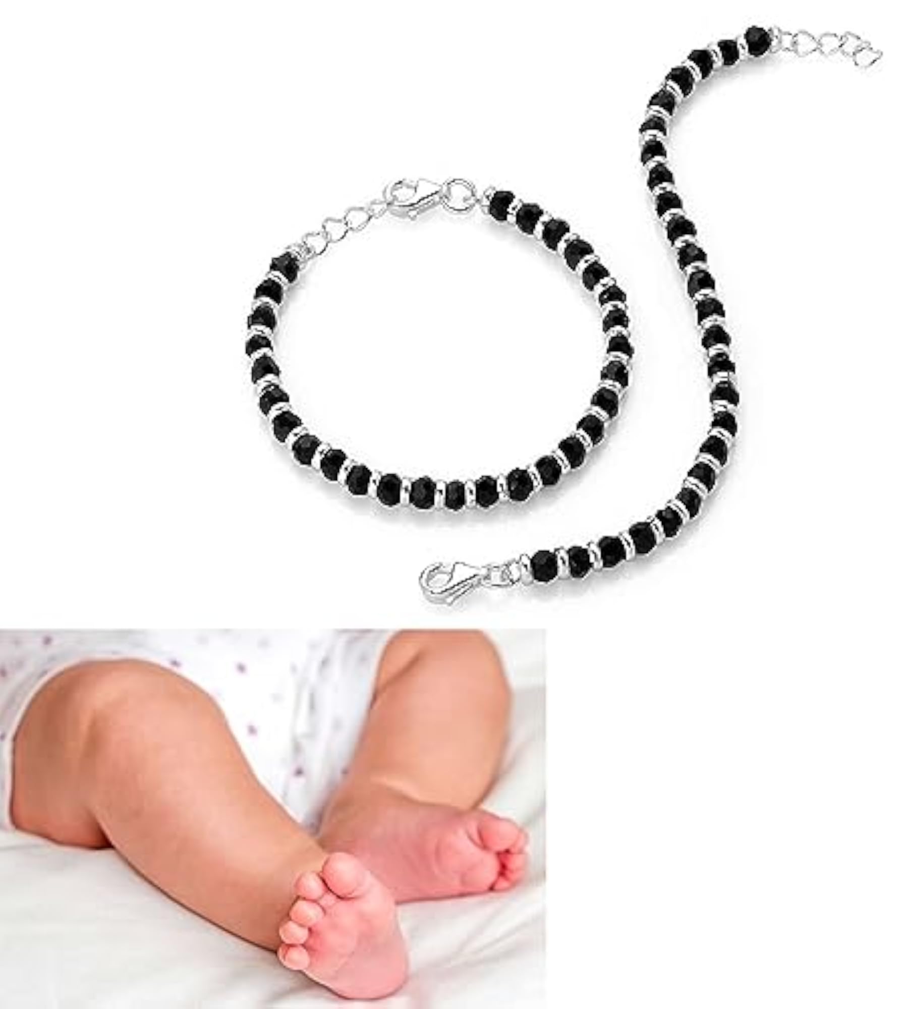 Set of 2 Kids Black & Silver Crystal Bead Anklets