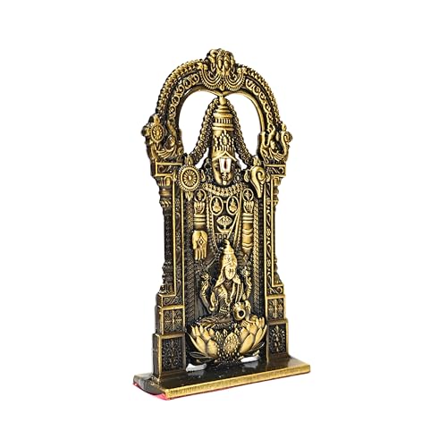 Image of anciently Tirupati Balaji Idol with Lakshmi for Car Dashboard | Venkateswara Idol with Lakshmi for Car Dashboard, Metal, 1 Piece (Brass Colour)