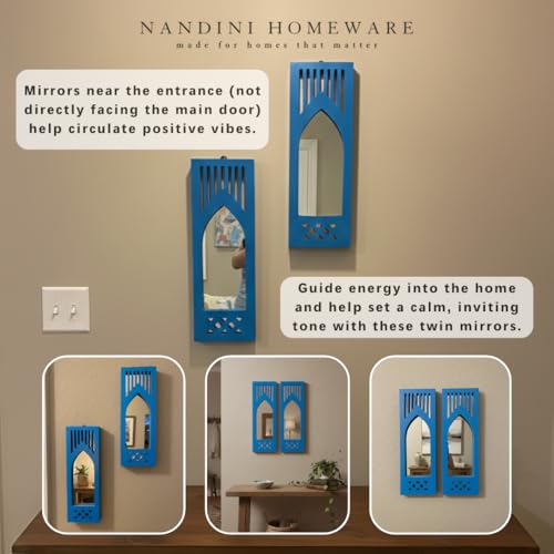 Image of Nandini Handcrafted Traditional Set of 2 MDF Wooden Mirror Jharokha Wall Art | Blue Modern Boho Style Decorative Mirror Wall Hangings (Blue Modern Set of 2)