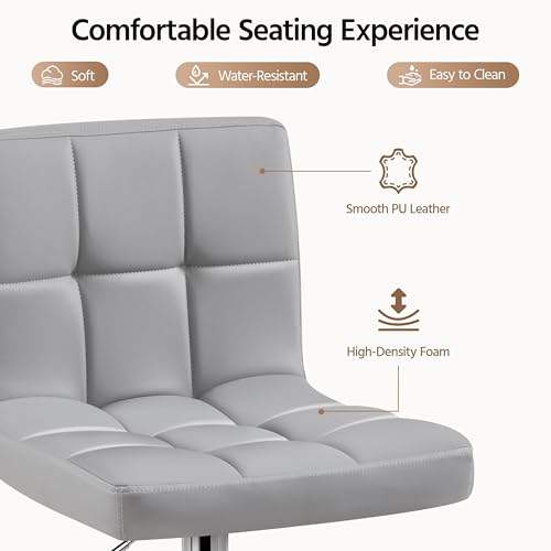 Image of Yaheetech Single Bar Stool, PU Leather Adjustable Barstools, Modern Counter Stools with Back and Footrest, Counter Height Barstools for Bar, Kitchen, Dining Room, Light Gray