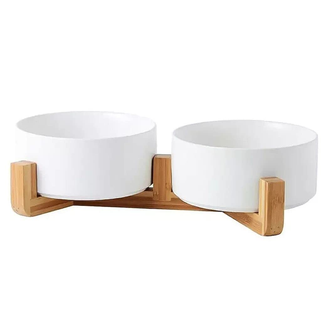 2 comederos de cerámica para perros con soporte de madera de bambú, antideslizante, comedero doble, 600 ml, para gatos y perros, cerámica, apto para lavavajillas, color blanco