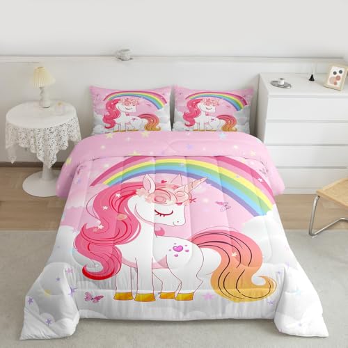 Image of Erosebridal Unicorn Girls Bedding Set Toddler | Kids Rainbow Unicorn Comforter Set Kawaii Cute Reversible Stars Butterfly Quilt Comforter Teens Children Adults Cartoon Room Decor All Season,2 Pcs