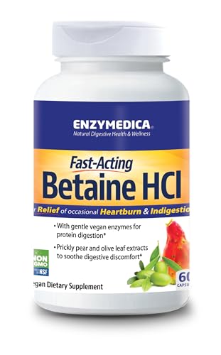 Enzymedica Betaine HCl for Men & Women - Betaine Hydrochloric Acid Supplement Protease Digestive Enzyme Blend Digestive Health Support Occasional Heartburn & Indigestion Support Vegan - 60 Caps