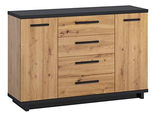 Kommode Ines K2D4SZ mit 4 Schubladen und 2 Türen, Anrichte in Holz-Optik, Highboard, Mehrzweckkommode, Schrank, Wohnzimmer, Esszimmer, Diele & Flur, Sideboard (Eiche Artisan + Schwarz / Eiche Artisan)