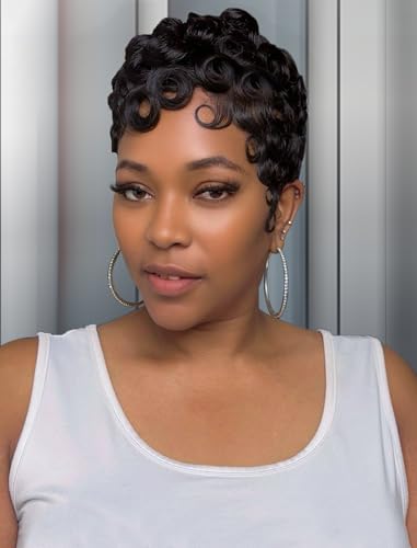 Realloves Short Curly Pixie Cut Wig Human Hair Glueless Wear