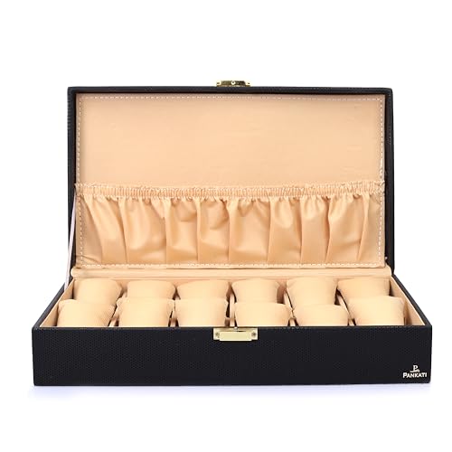 PANKATI® Wrist Watch Box Organizer Case for Men and Women in Black Color with 12 Slots - Black/Beige (B0CWP9KGJT) Amazon Price History, Amazon Price Tracker