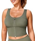 TrainingGirl Zip Front Closure Longline Sports Bras for Women - Workout Crop Tank Tops Yoga Camisole Criss Cross Back (US, Alpha, Green, Regular, Regular, X-Large)