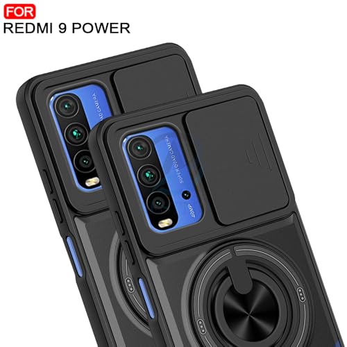 Image of AESTMO Redmi 9 Power /Poco M3 Back Cover | Armor Camera Slider 360 Degree Rotating Finger Ring Holder Case with Bracket Stand Back Case Cover (Compatible with MagSafe Accessories) (Black)