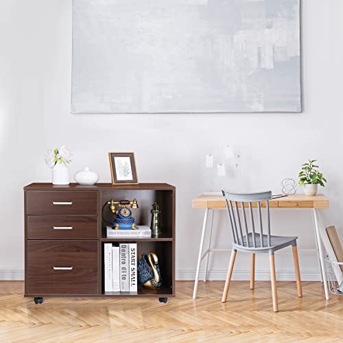 Zenstyle 3 Drawer Wood File Cabinet, Mobile Lateral Filing Cabinet Fits A4 Or Letter Size, Rolling Printer Stand With Open Storage Shelves For Home Office, Brown #TOP5