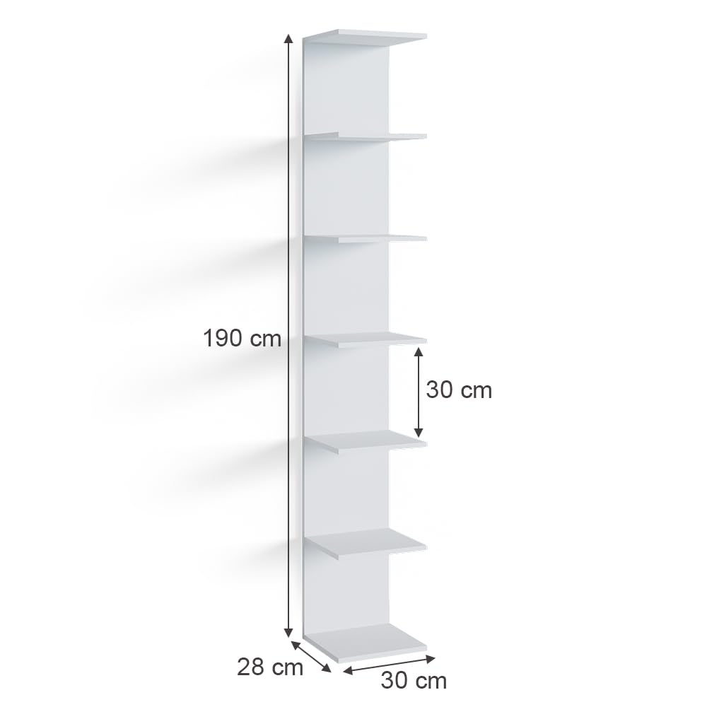Vicco Estantería de Pared para la habitación de los niños Paolo, Blanco, 30 x 190 cm con 6 Compartimentos Abiertos, Apto para Montaje en Pared para soluciones de Almacenamiento Flexibles