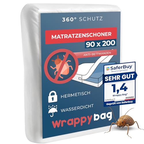 WRAPPYBAG Wasserdichter Matratzenschoner – Anti-Bettwanzen & Hausstaubmilben Matratzenbezug – Chemikalienfrei & Atmungsaktiv – 90x200x20 cm –...