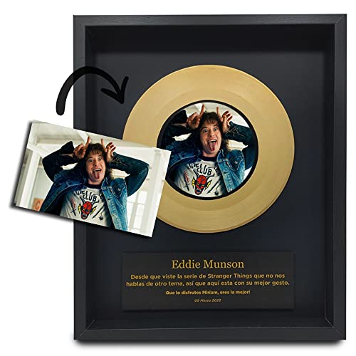 Marco decorativo, regalo original personalizable. Disco de vinilo con foto y mensaje personalizados en cuadro de madera y cristal. Para colgar o colocar (24 x 30 cm. Disco 7" original + cartel negro) Cover