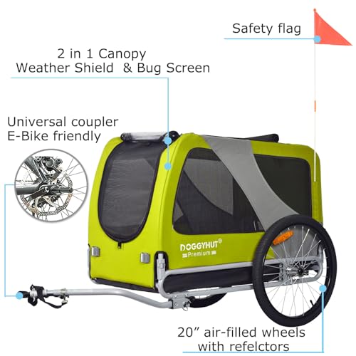 DOGGYHUT® Premium XL Hundefahrradanhänger bis 45 kg Fahrradanhänger für Hunde Hundeanhänger für Fahrrad große Hunde 80103 (GRÜN Lemon/SCHWARZ)