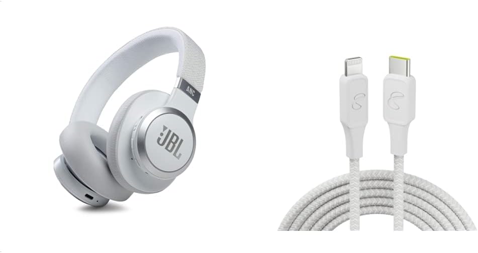 JBL Live 660NC – Wireless Over-Ear Noise Cancelling Headphones -White and InfinityLab InstantConnect USB-C to Lightning – 20W PD Fast Charging Cable for iPhone and iPad – White