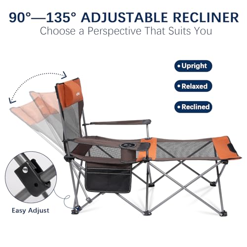 Image of apollo walker Reclining Beach Chair, Adjustable 90-135 Backrest Camping Lounge Chairs for Adults, Folding Chair with Foot Rest & Detachable Pillow - Standard 6-Leg, Orange
