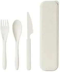 Kit Talheres Reutilizáveis com Estojo Feito com Fibra de Palha de Trigo Biodegradável Ideal Levar na Bolsa, Jogo de Talheres Infantil, PREMIUM (Off White)
