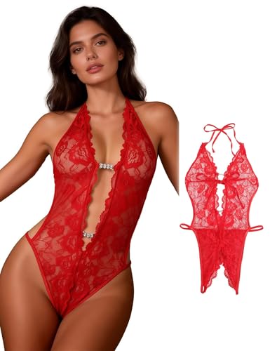 comeondear Body Sexy Femme Ouvert Entrejambe Lingerie Sexy Dentelle Rouge,S