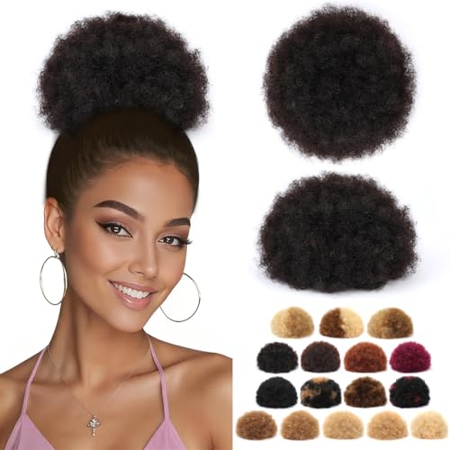 HBKRF Afro Puff Drawstring Ponytail for Black Women #1B Natural Black Brazilian Virgin Human Hair 6 Inch Durable Natural Soft and Smooth Kinky Curly Short Ponytail for Natural Hair