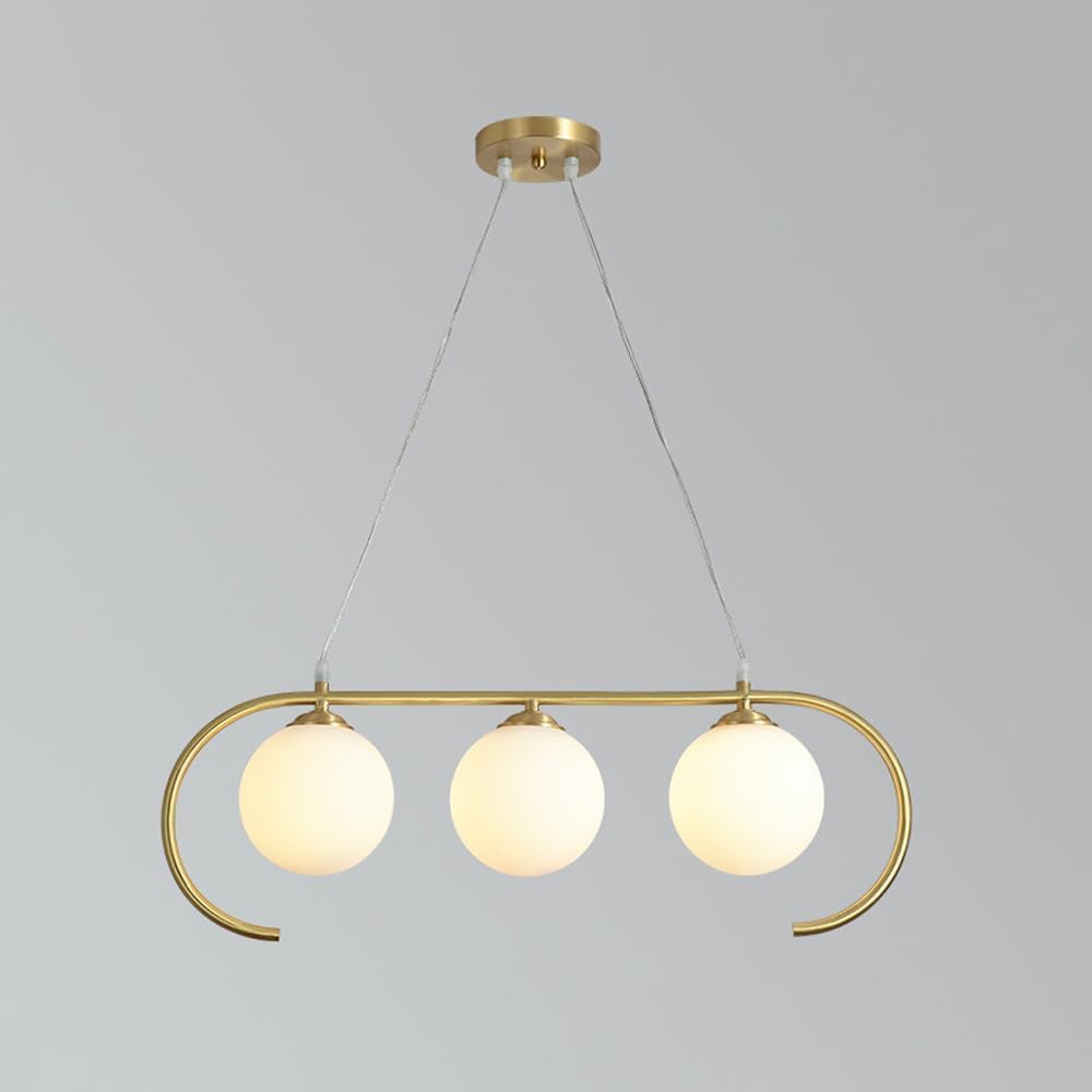 Suspension 3 lumières en verre blanc avec barre dorée élégante