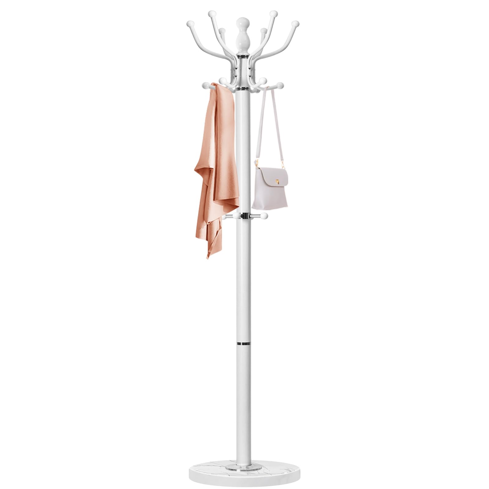 Furnisca Metal Coat Rack Freestanding with Natural Marble Base,Coat Rack Stand 16 Hooks,Coat Rack Entry-way Easy Assembly for Hanging Clothes,Bags,Coat Hanger for Hallway(White)