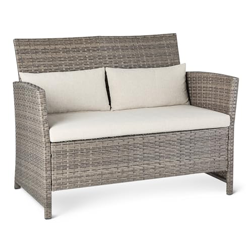 Amazon Basics Outdoor Patio Loveseat 2-Seat Wicker Couch with Beige Cushions Weather-Resistant