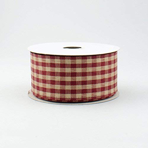 1.5" Wide Primitive Gingham Check Canvas Wired Ribbon Red & Tan (10 Yards) Good For Americana/Rustic Themes #TOP16