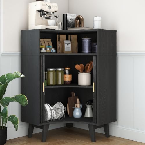 Image of Fluted Corner Cabinet with Open Storage, Modern Floor Cabinets with Sliding Doors and 2-Tier Shelves, Freestanding Narrow Organizer for Small Space,Living Room, Dining Room,Black