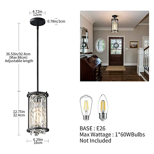 Lmqnine Dining Room Light Fixture Semi Flush Mount Ceiling Light Fixture,Lndustrial Farmhouse Chandelier Black Metal Crystal Pendant Light For Hallway Balcony Kitchen Island (Round 1-Light) #TOP2