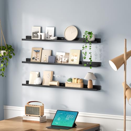 Image of HOOBRO Floating Shelves, Wall Shelf Set of 3, 35.4 Inches Hanging Shelf with Raised Edge and Invisible Brackets, for Bathroom, Bedroom, Kitchen, Office, Living Room Decor, Black BK90BJ01