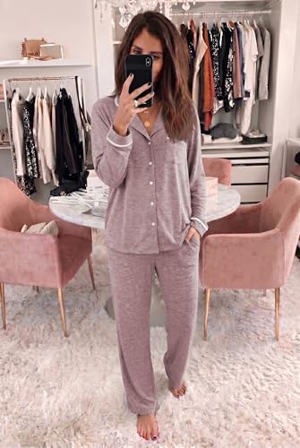 Ekouaer Womens Pajama Sets Long Sleeve Button Down 2 Piece Lounge Set Pink - image 5