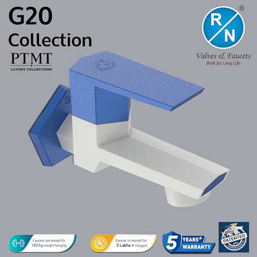 Image of RN PTMT Bib Cock for Bathroom | 15mm Foam Flow Water Tap with Flange | Luxury G20 Series Faucet | High-Grade Engineering Polymer Tap (White Metallic Blue Dual, Pack of 1)