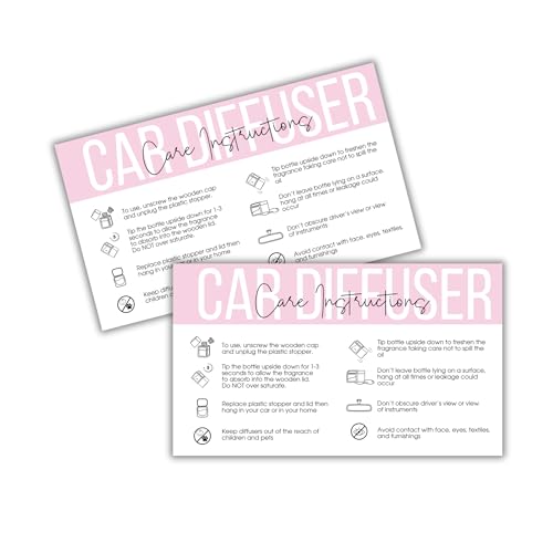 Car Oil Freshie Diffuser Care Freshie Instructions Cards | 50 pk 3.5x2” Hanging Oil Wood Top Aroma Air Freshener DIY Bulk Package Inserts Warning Labels Pink