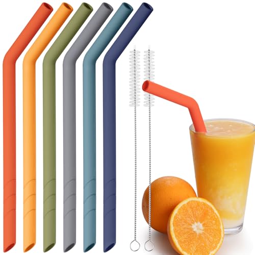 NiHome 6 pajitas de silicona reutilizables, extra anchas para boba, batidos y té de burbujas, longitud recortable, sin BPA, con 2 cepillos de limpieza (arco iris oscuro)