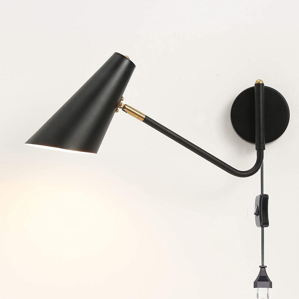 Kinkiet ścienny E27 z obrotowym ramieniem, włącznikiem i kablem, regulowany metalowy uchwyt, retro lampa ścienna do czytania z wtyczką, czarna lampka nocna do salonu, sypialni, hotelu
