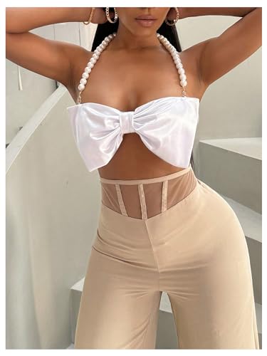 SOLY HUX Women's Pearls Beaded Halter Bow Front Cami Crop Tops Sexy Camisole3